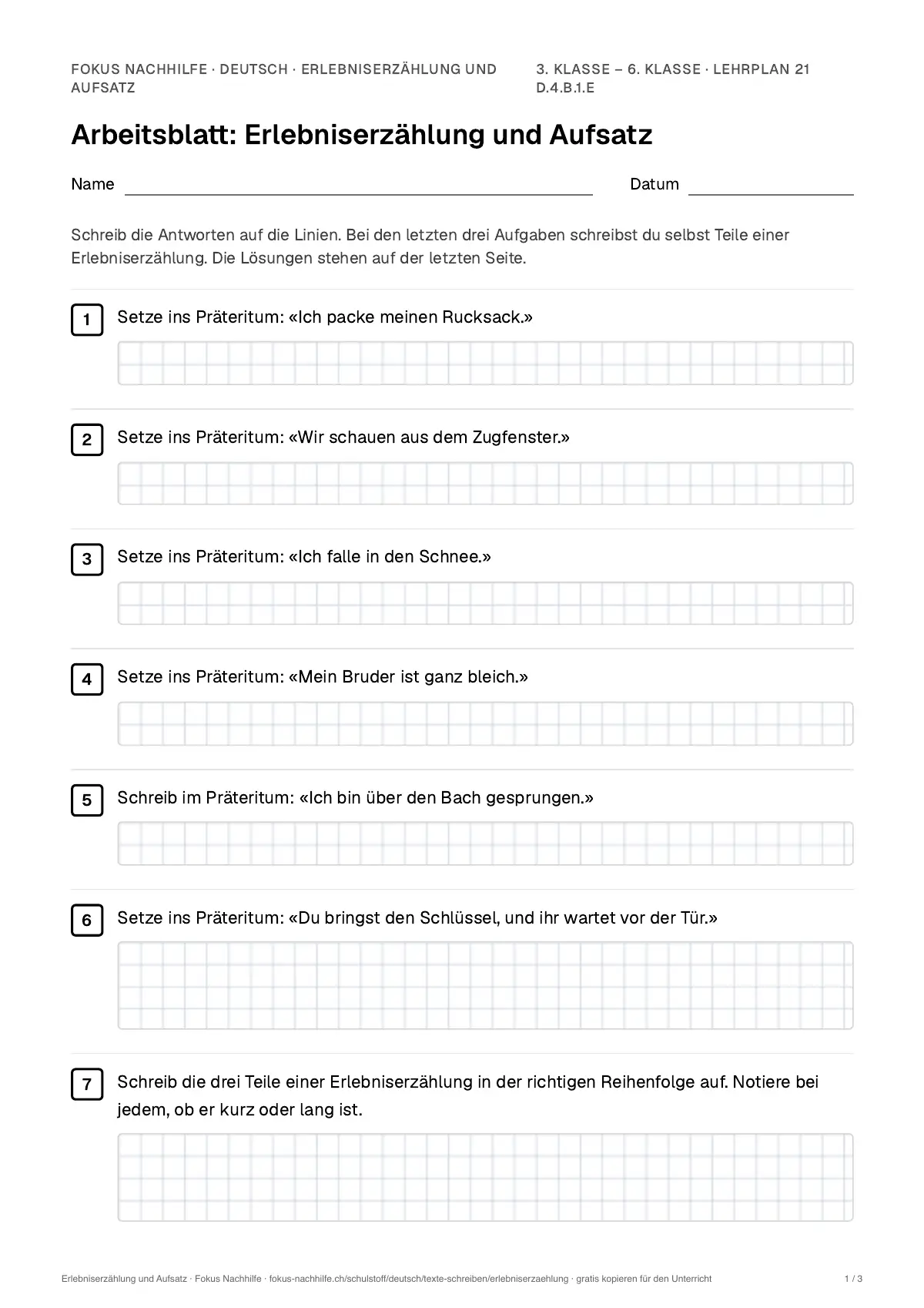 Arbeitsblatt Erlebniserzählung und Aufsatz zum Ausfüllen mit Name und Datum: erste Seite, mit Lösungsblatt