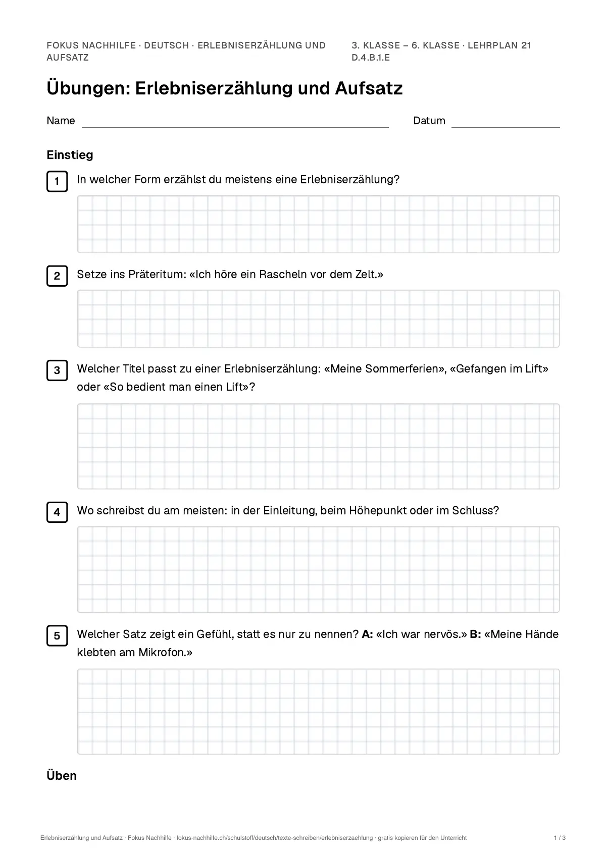 Übungsblatt Erlebniserzählung und Aufsatz zum Ausdrucken: erste Seite der Übungen, Lösungen auf eigenem Blatt