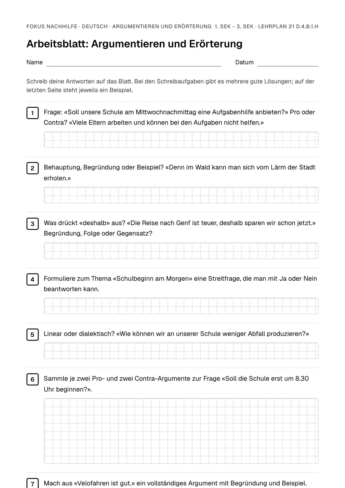 Arbeitsblatt Argumentieren und Erörterung zum Ausfüllen mit Name und Datum: erste Seite, mit Lösungsblatt
