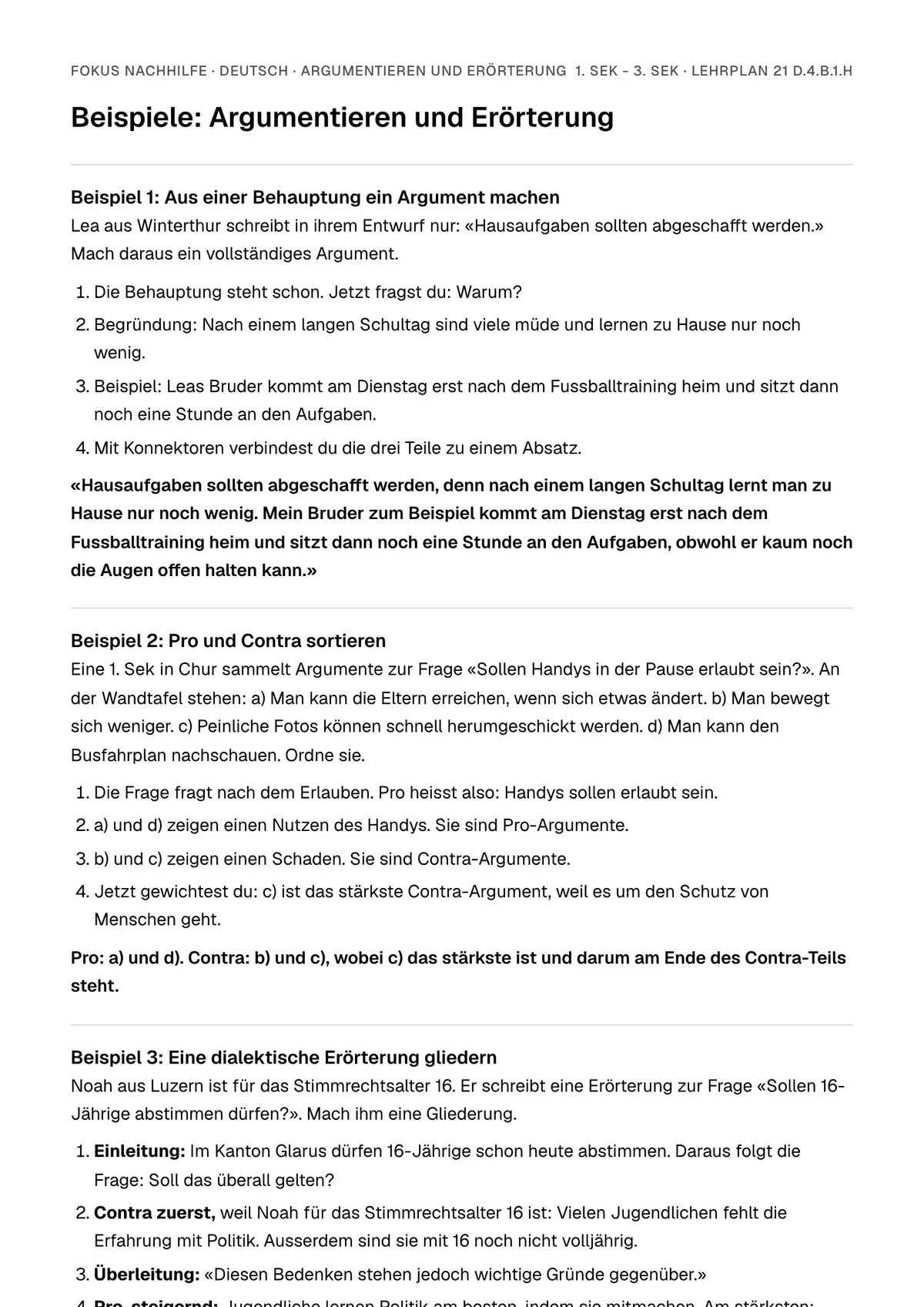 Beispiele Argumentieren und Erörterung zum Ausdrucken: erste Seite, Aufgaben Schritt für Schritt gelöst
