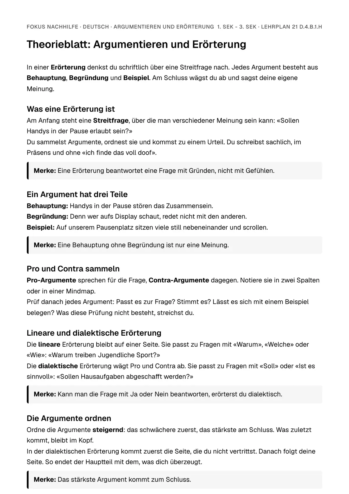 Theorieblatt Argumentieren und Erörterung zum Ausdrucken: erste Seite der Erklärung