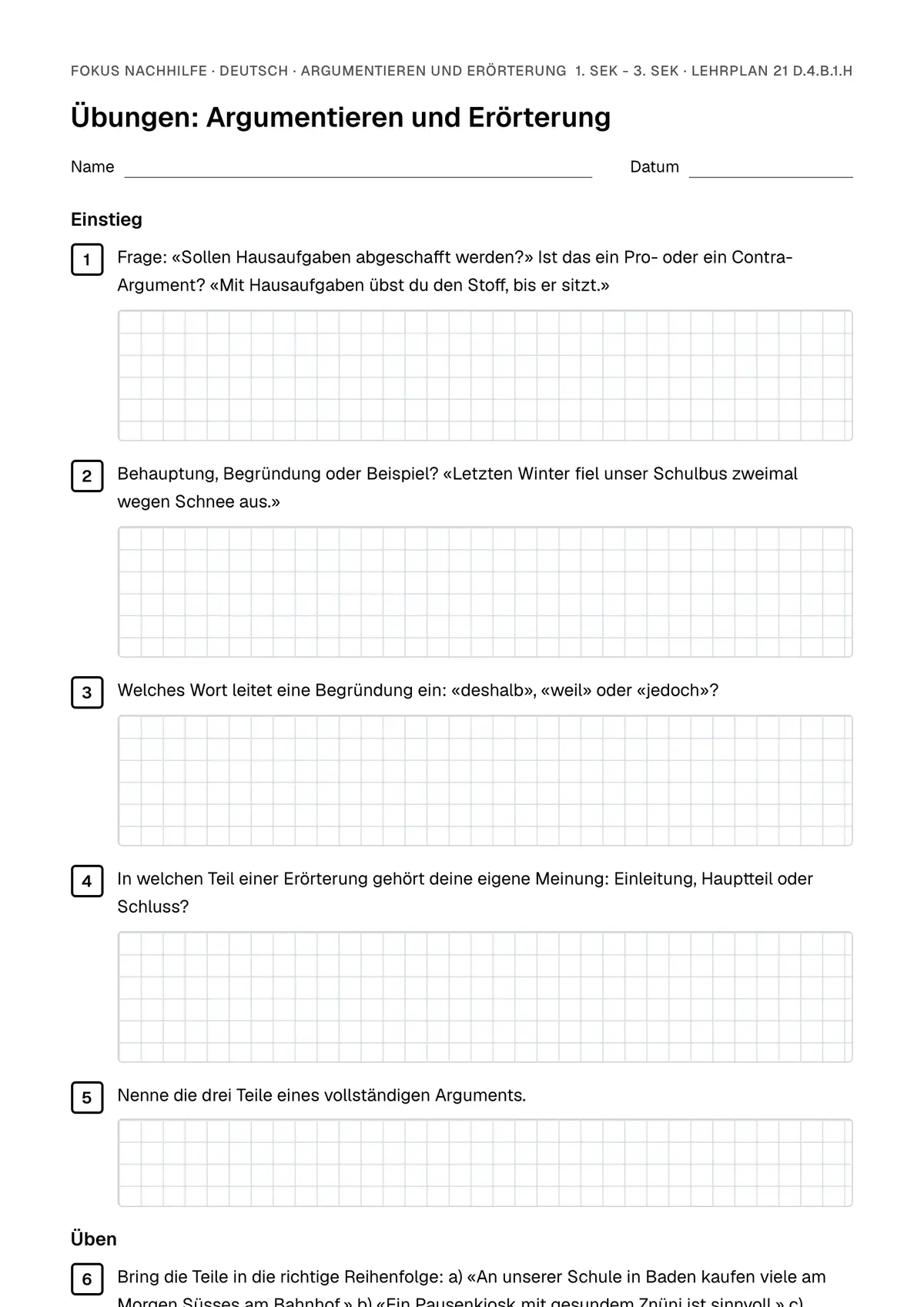 Übungsblatt Argumentieren und Erörterung zum Ausdrucken: erste Seite der Übungen, Lösungen auf eigenem Blatt
