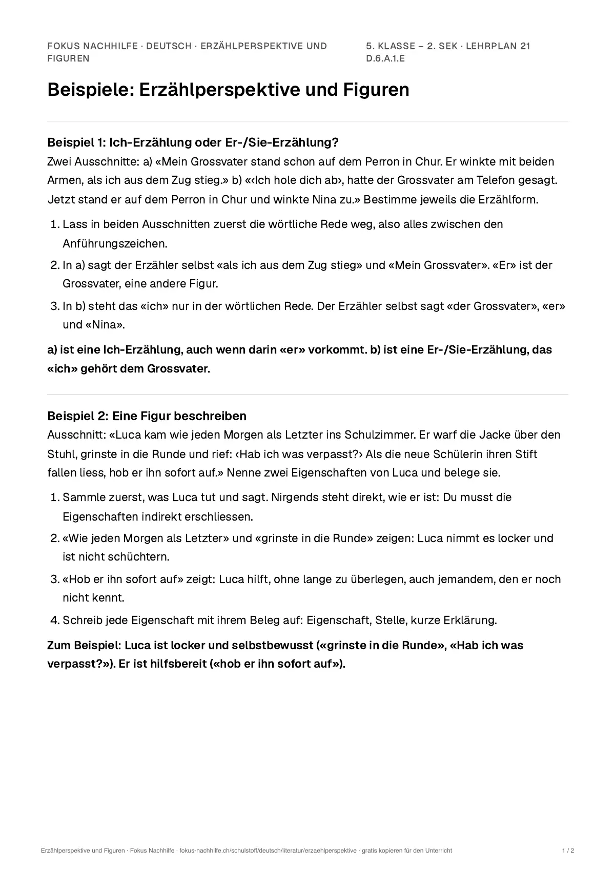 Beispiele Erzählperspektive und Figuren zum Ausdrucken: erste Seite, Aufgaben Schritt für Schritt gelöst