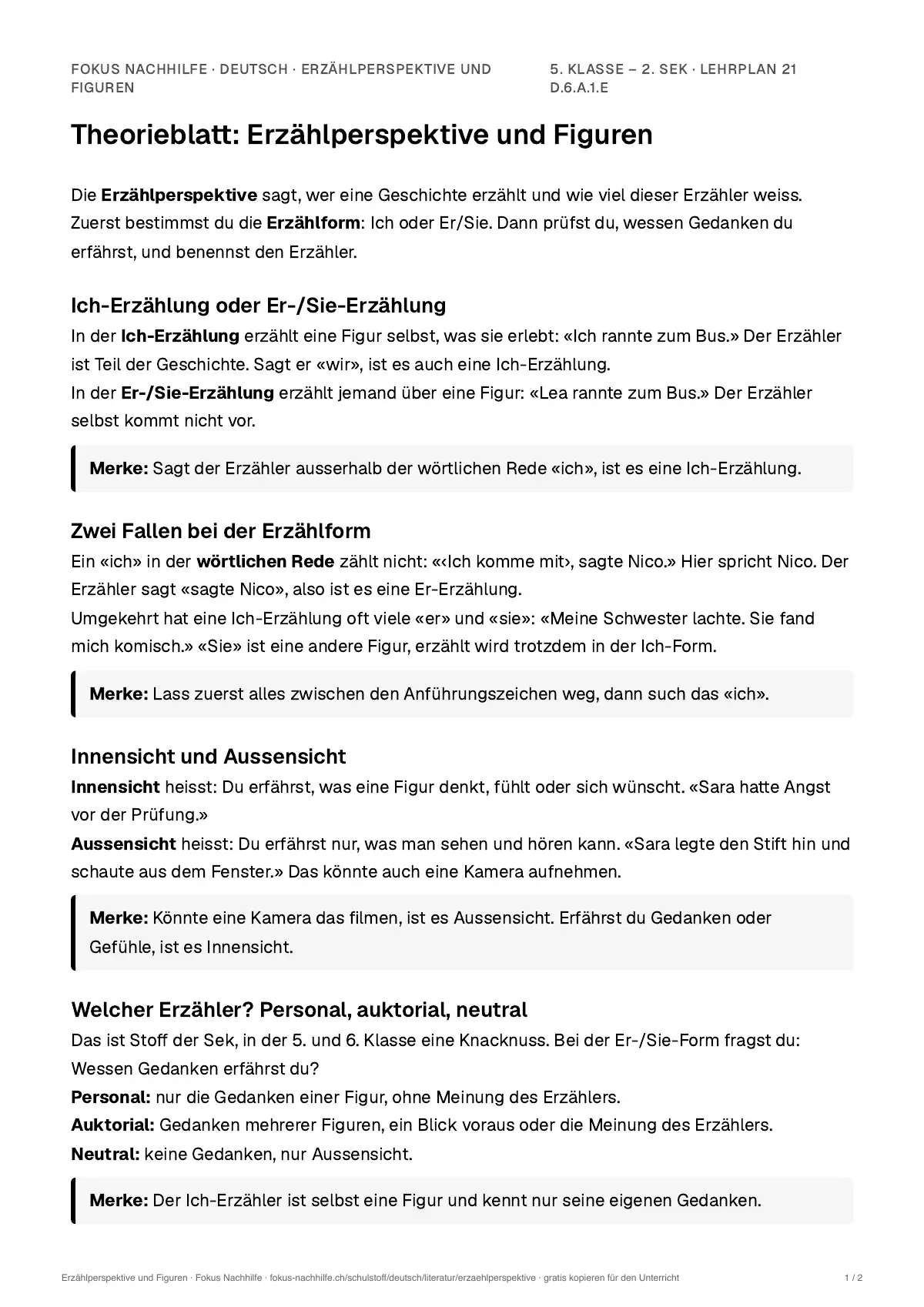 Theorieblatt Erzählperspektive und Figuren zum Ausdrucken: erste Seite der Erklärung