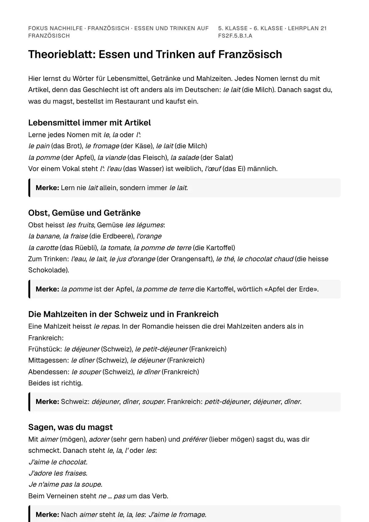 Theorieblatt Essen und Trinken auf Französisch zum Ausdrucken: erste Seite der Erklärung