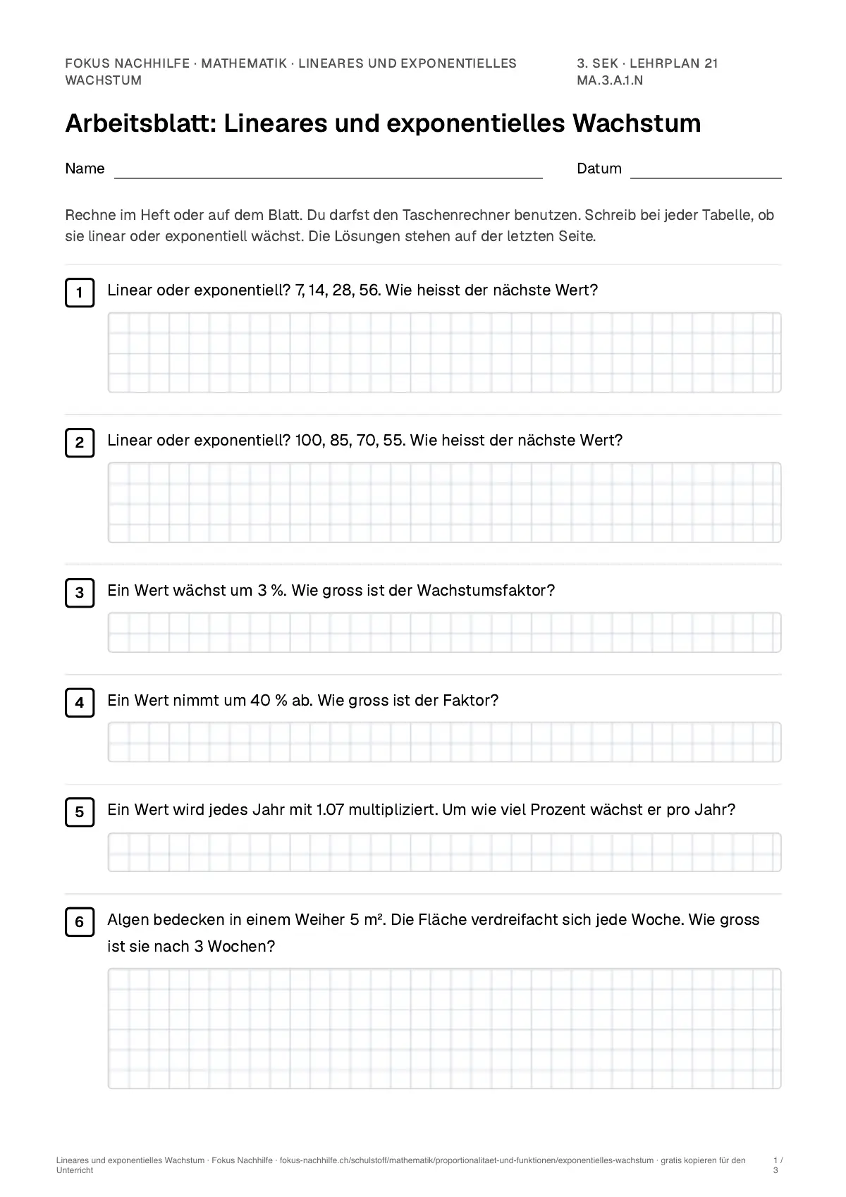 Arbeitsblatt Lineares und exponentielles Wachstum zum Ausfüllen mit Name und Datum: erste Seite, mit Lösungsblatt