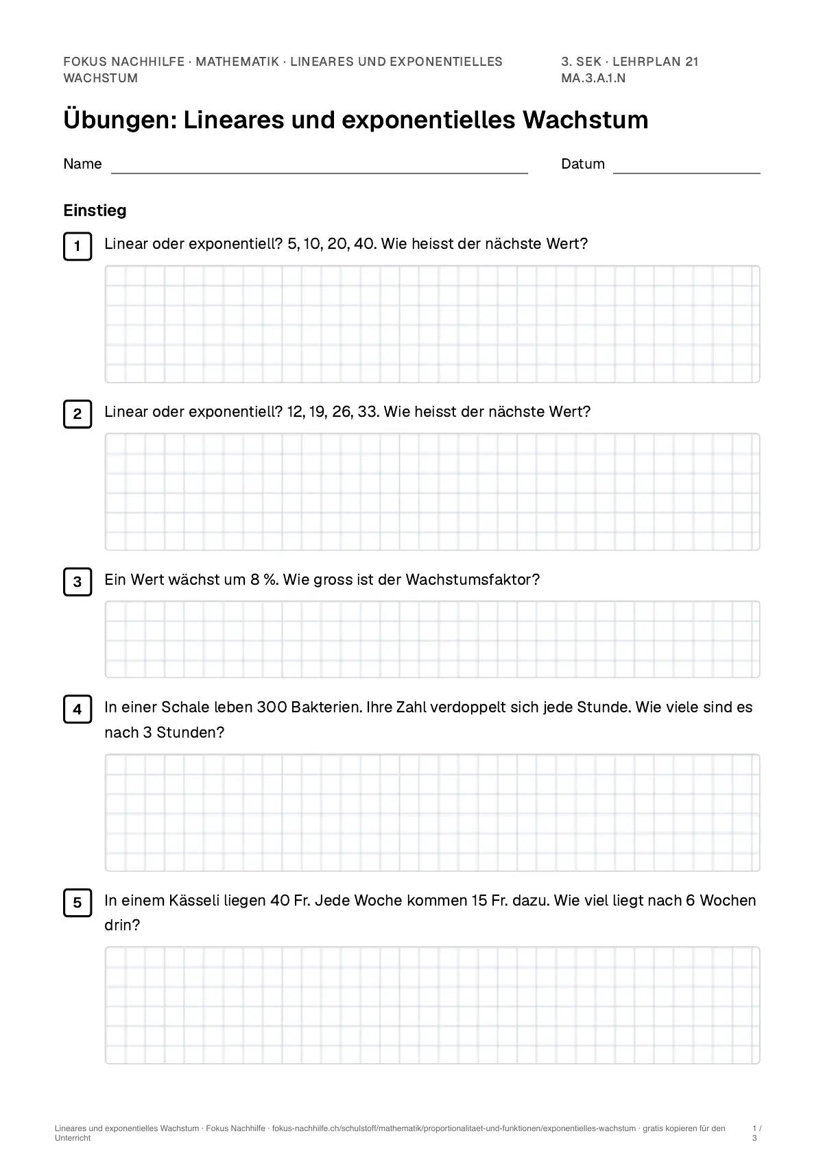 Übungsblatt Lineares und exponentielles Wachstum zum Ausdrucken: erste Seite der Übungen, Lösungen auf eigenem Blatt