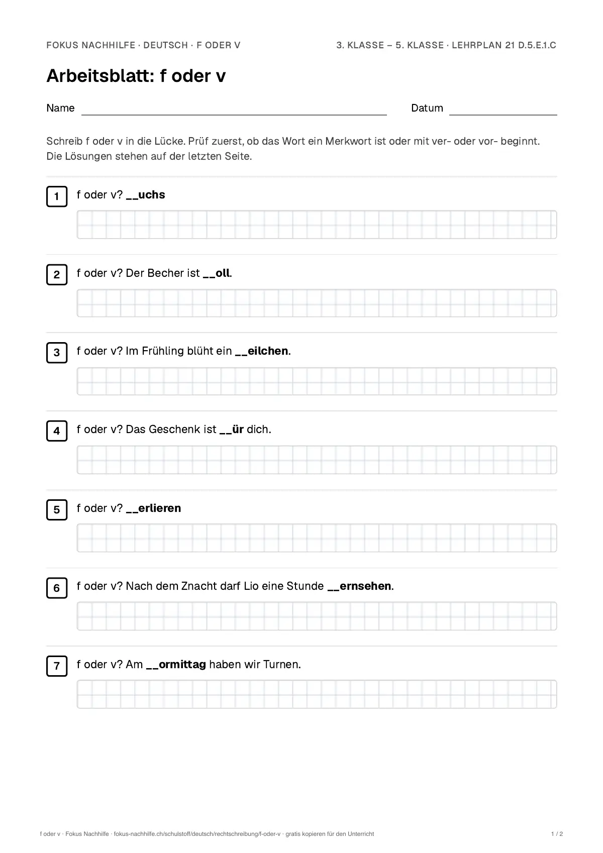 Arbeitsblatt f oder v zum Ausfüllen mit Name und Datum: erste Seite, mit Lösungsblatt