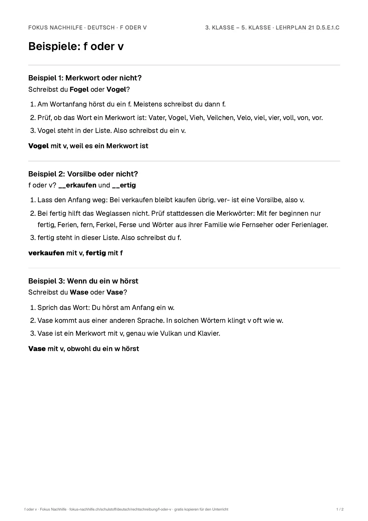 Beispiele f oder v zum Ausdrucken: erste Seite, Aufgaben Schritt für Schritt gelöst