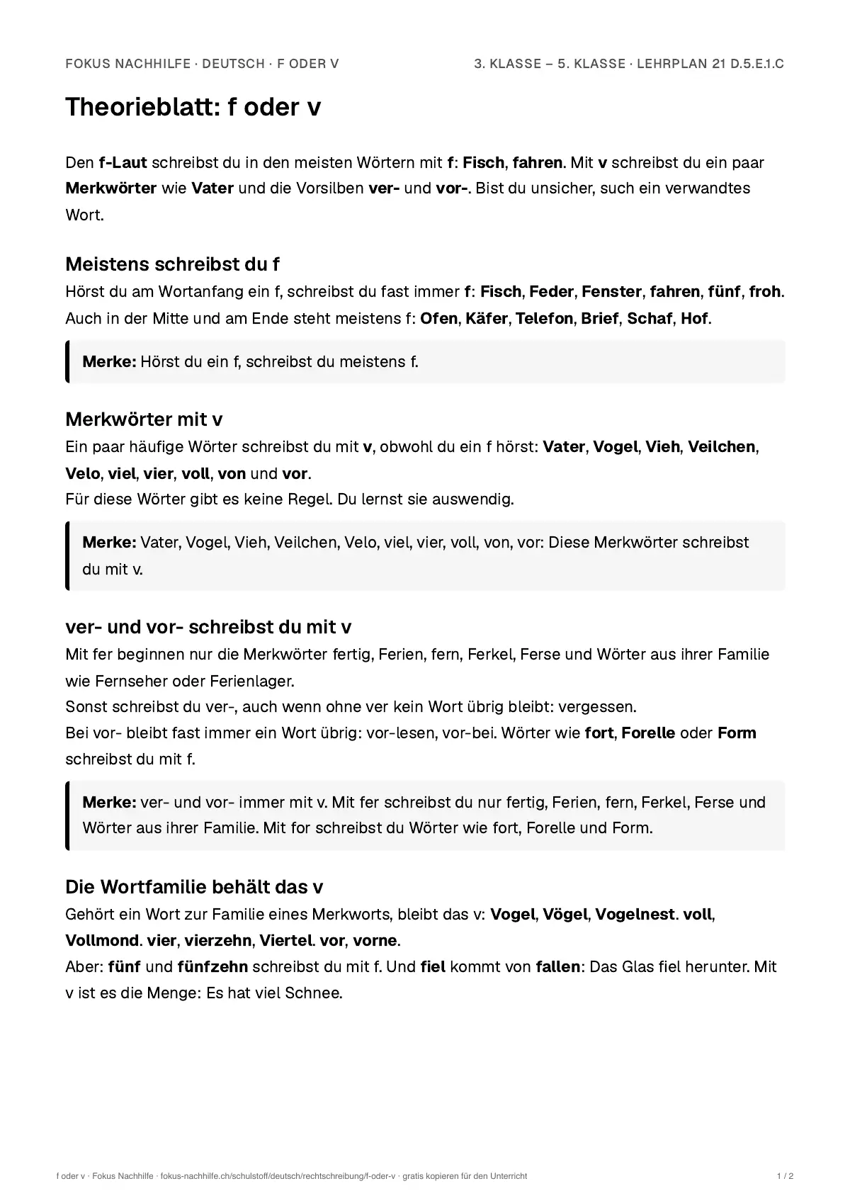 Theorieblatt f oder v zum Ausdrucken: erste Seite der Erklärung