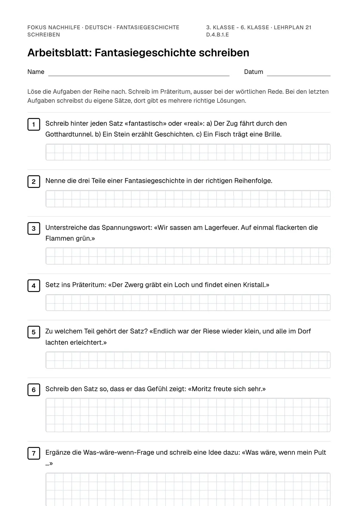 Arbeitsblatt Fantasiegeschichte schreiben zum Ausfüllen mit Name und Datum: erste Seite, mit Lösungsblatt