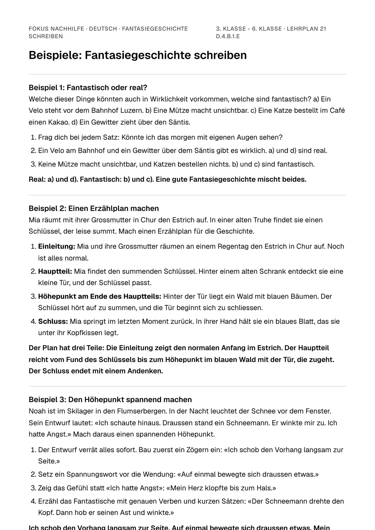 Beispiele Fantasiegeschichte schreiben zum Ausdrucken: erste Seite, Aufgaben Schritt für Schritt gelöst