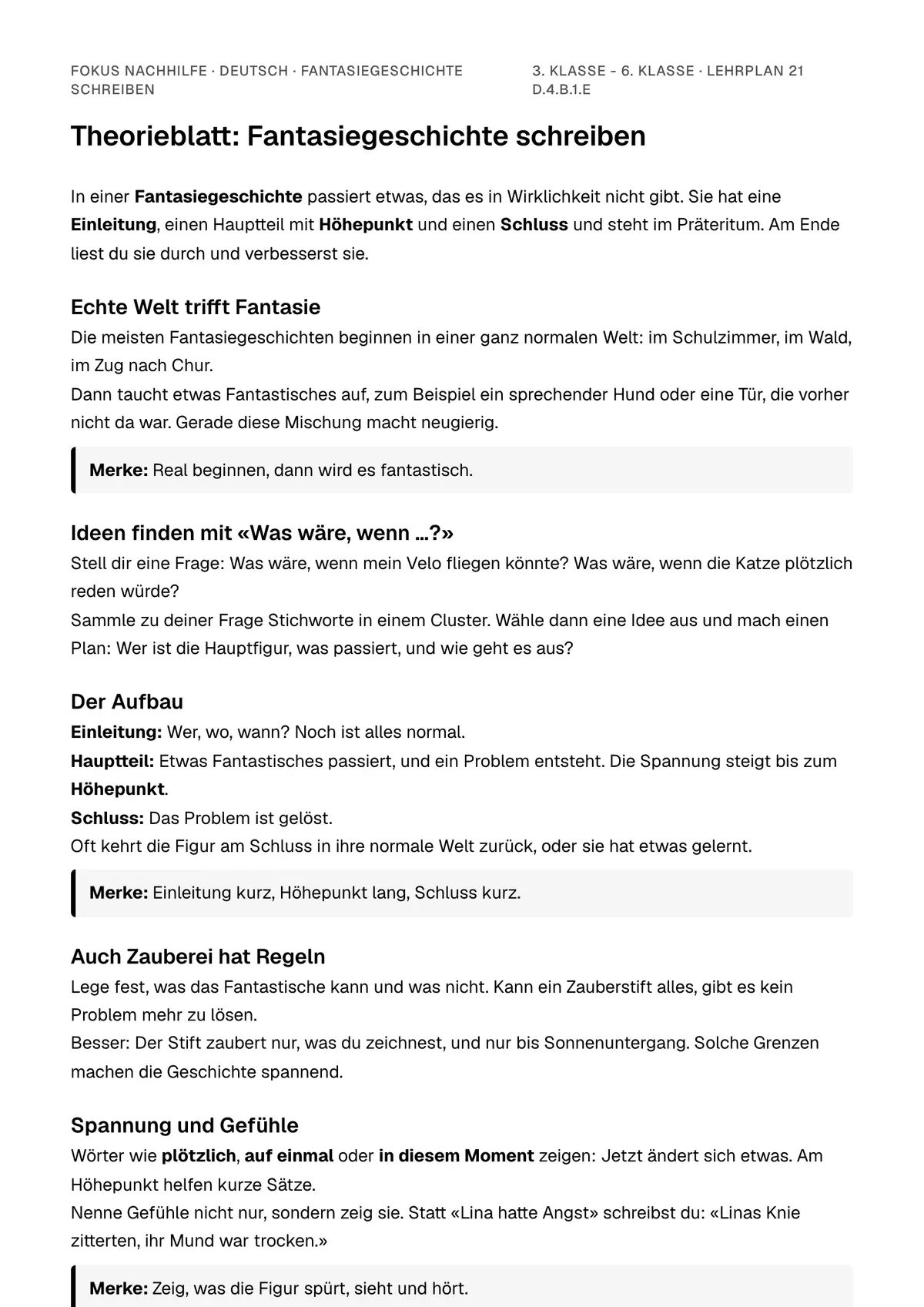 Theorieblatt Fantasiegeschichte schreiben zum Ausdrucken: erste Seite der Erklärung