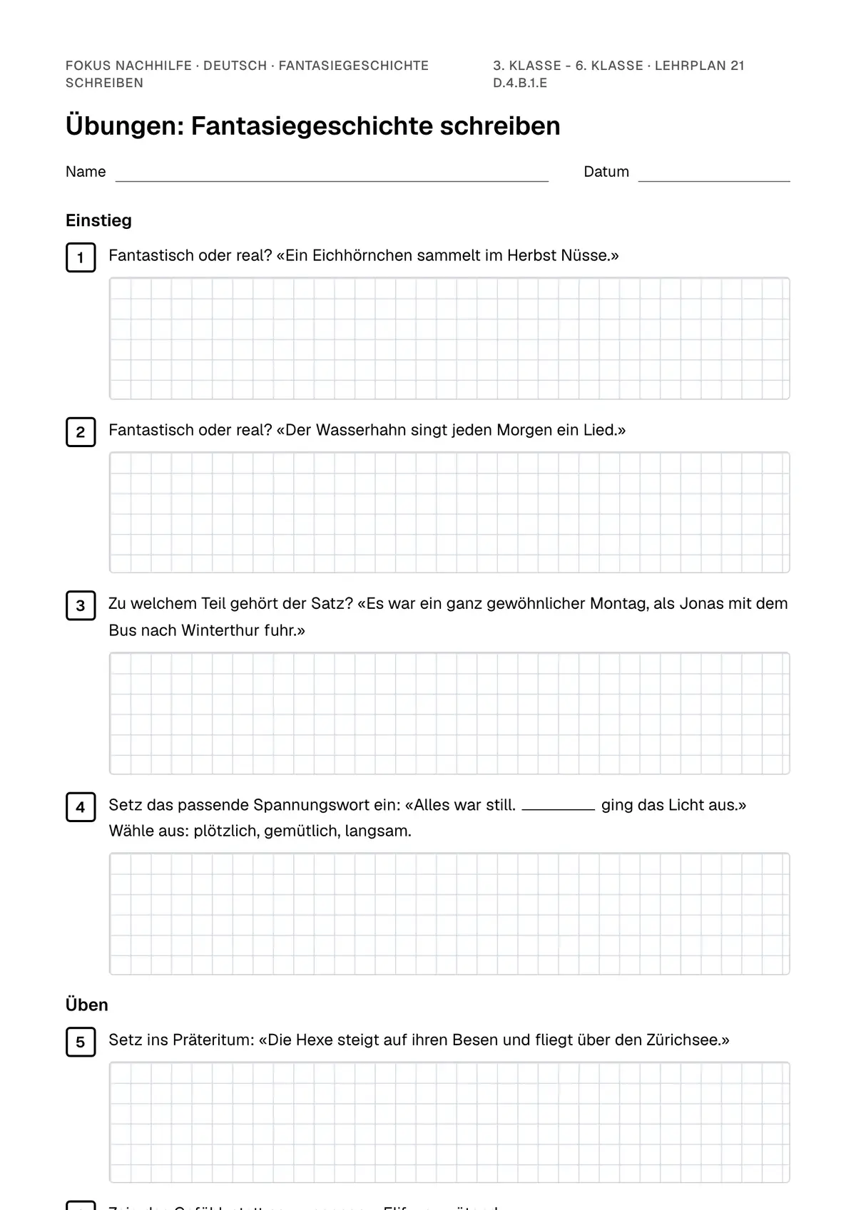Übungsblatt Fantasiegeschichte schreiben zum Ausdrucken: erste Seite der Übungen, Lösungen auf eigenem Blatt
