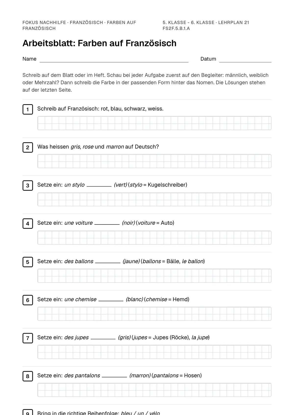 Arbeitsblatt Farben auf Französisch zum Ausfüllen mit Name und Datum: erste Seite, mit Lösungsblatt