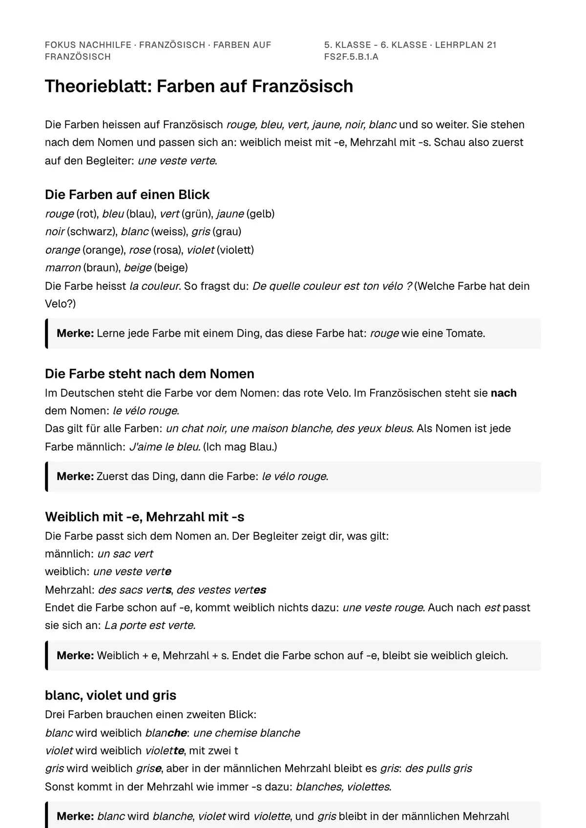 Theorieblatt Farben auf Französisch zum Ausdrucken: erste Seite der Erklärung
