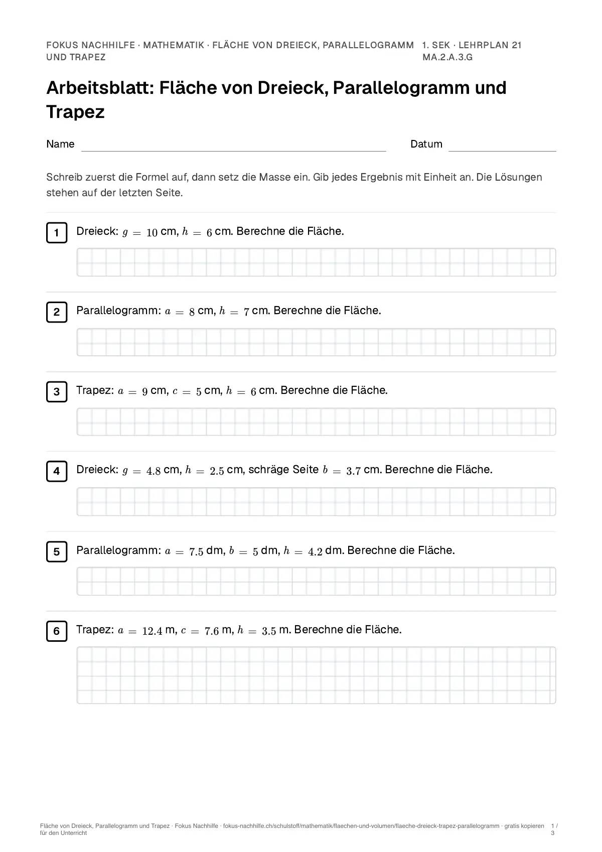 Arbeitsblatt Fläche von Dreieck, Parallelogramm und Trapez zum Ausfüllen mit Name und Datum: erste Seite, mit Lösungsblatt
