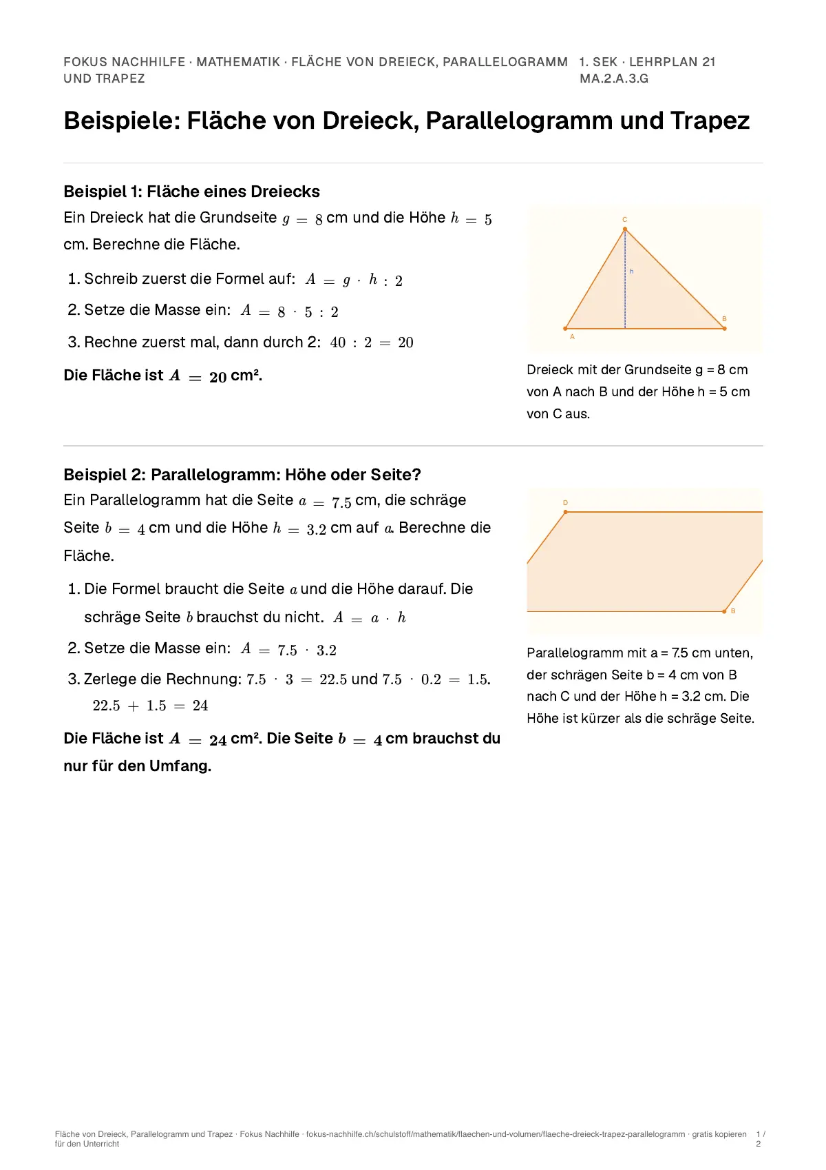 Beispiele Fläche von Dreieck, Parallelogramm und Trapez zum Ausdrucken: erste Seite, Aufgaben Schritt für Schritt gelöst