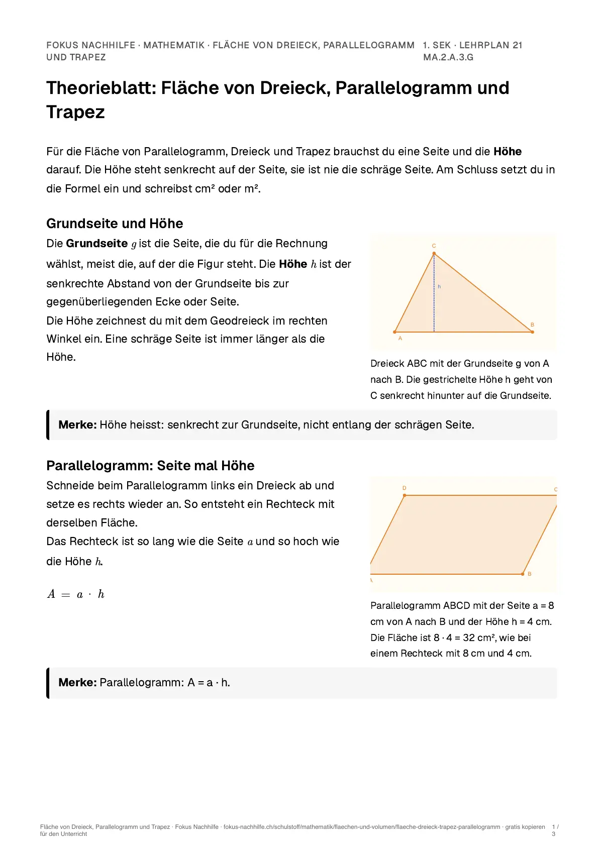 Theorieblatt Fläche von Dreieck, Parallelogramm und Trapez zum Ausdrucken: erste Seite der Erklärung