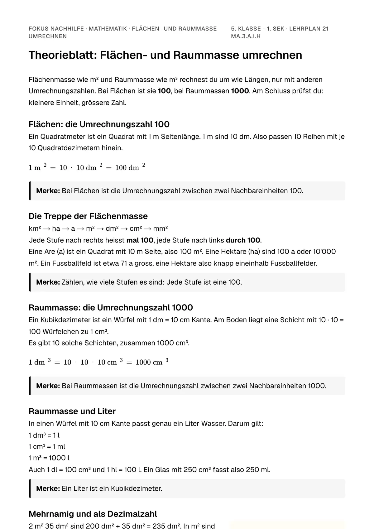 Theorieblatt Flächen- und Raummasse umrechnen zum Ausdrucken: erste Seite der Erklärung