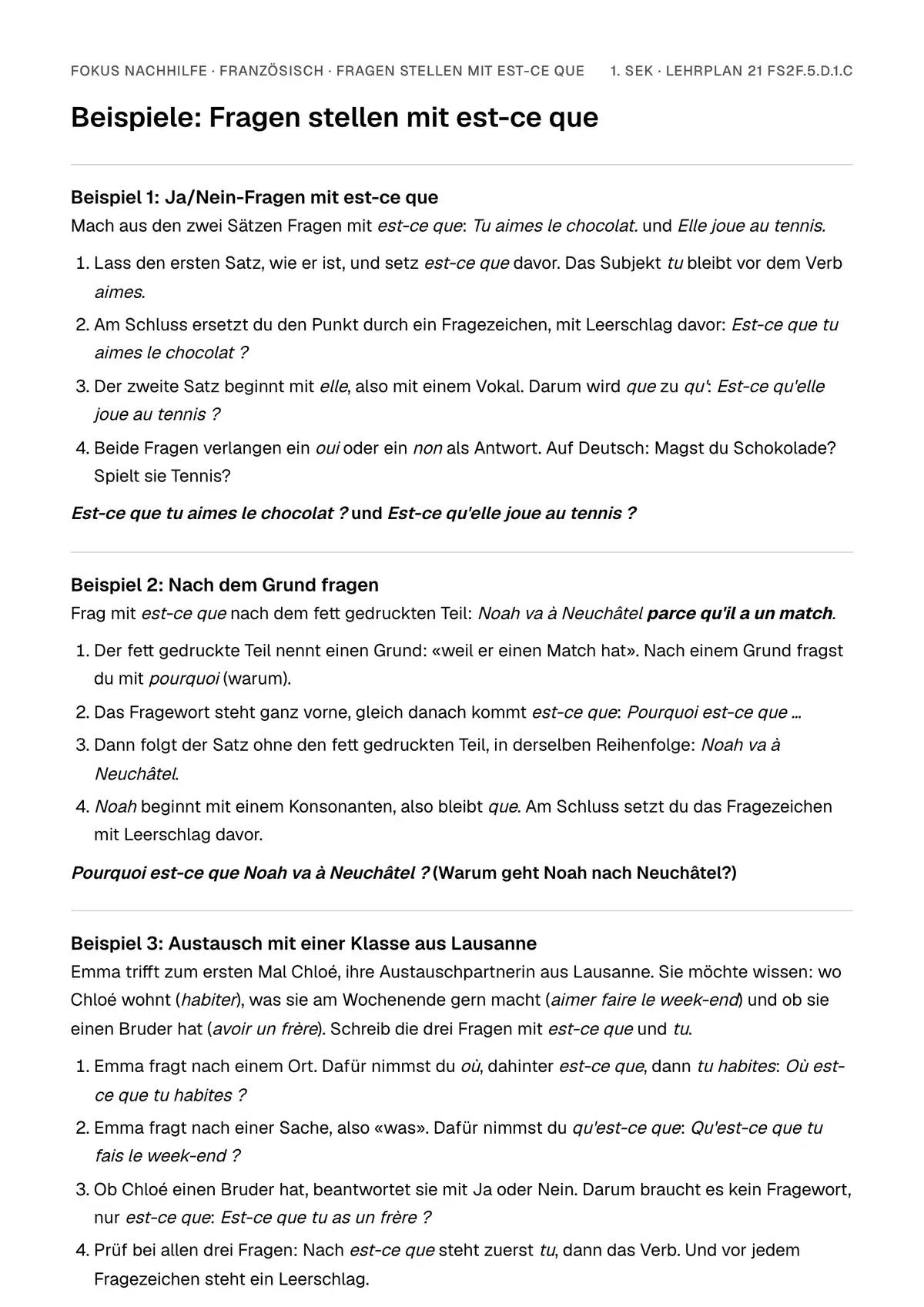 Beispiele Fragen stellen mit est-ce que zum Ausdrucken: erste Seite, Aufgaben Schritt für Schritt gelöst