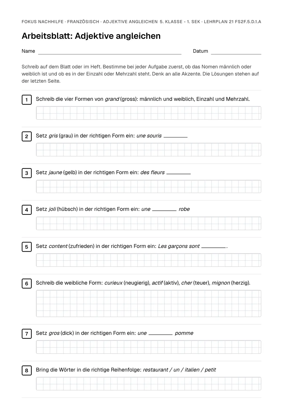 Arbeitsblatt Adjektive angleichen zum Ausfüllen mit Name und Datum: erste Seite, mit Lösungsblatt