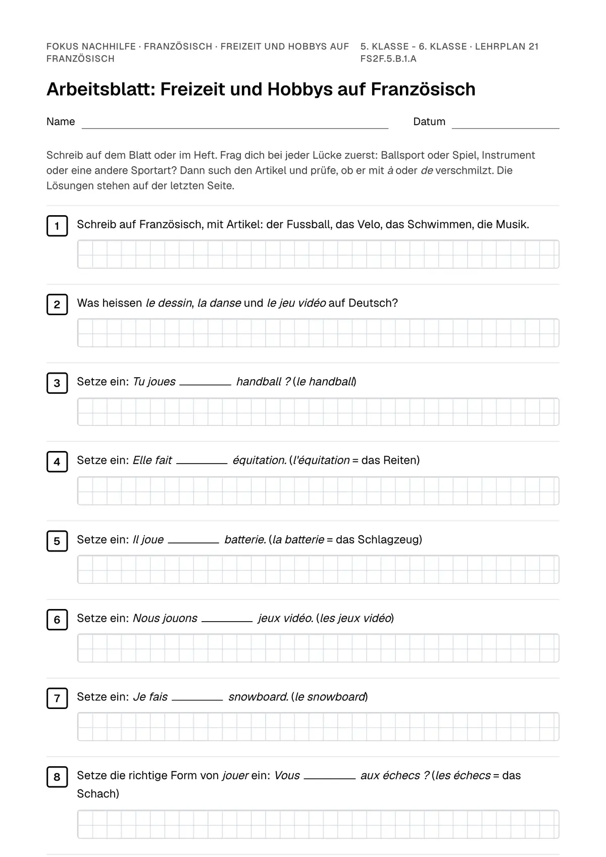 Arbeitsblatt Freizeit und Hobbys auf Französisch zum Ausfüllen mit Name und Datum: erste Seite, mit Lösungsblatt
