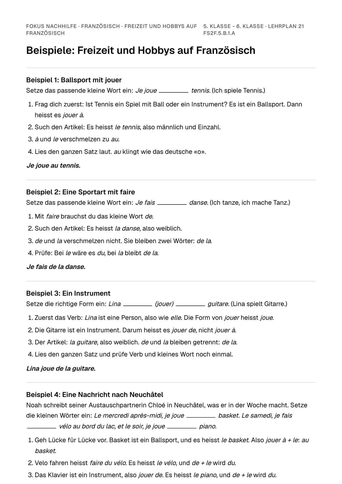 Beispiele Freizeit und Hobbys auf Französisch zum Ausdrucken: erste Seite, Aufgaben Schritt für Schritt gelöst
