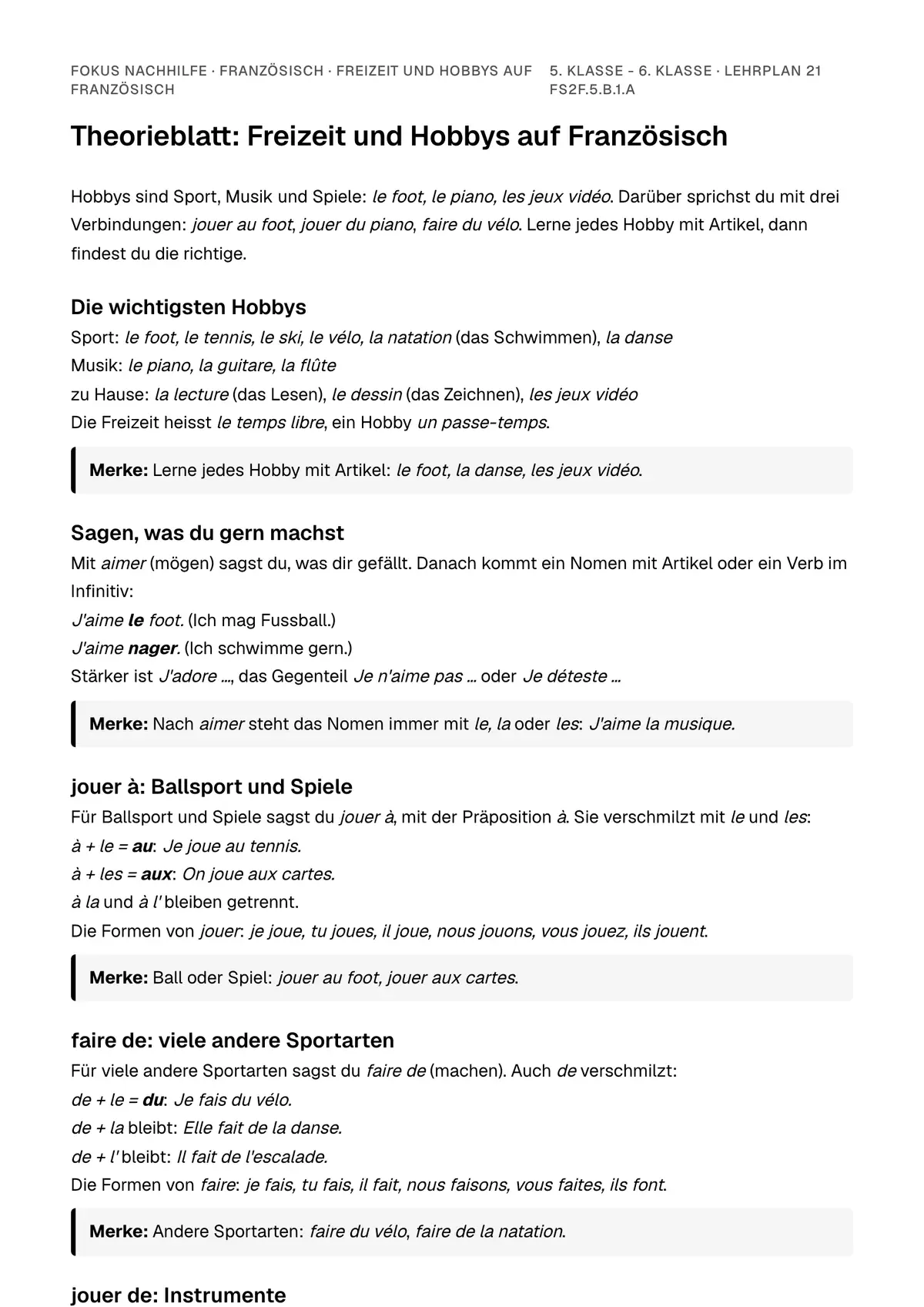 Theorieblatt Freizeit und Hobbys auf Französisch zum Ausdrucken: erste Seite der Erklärung