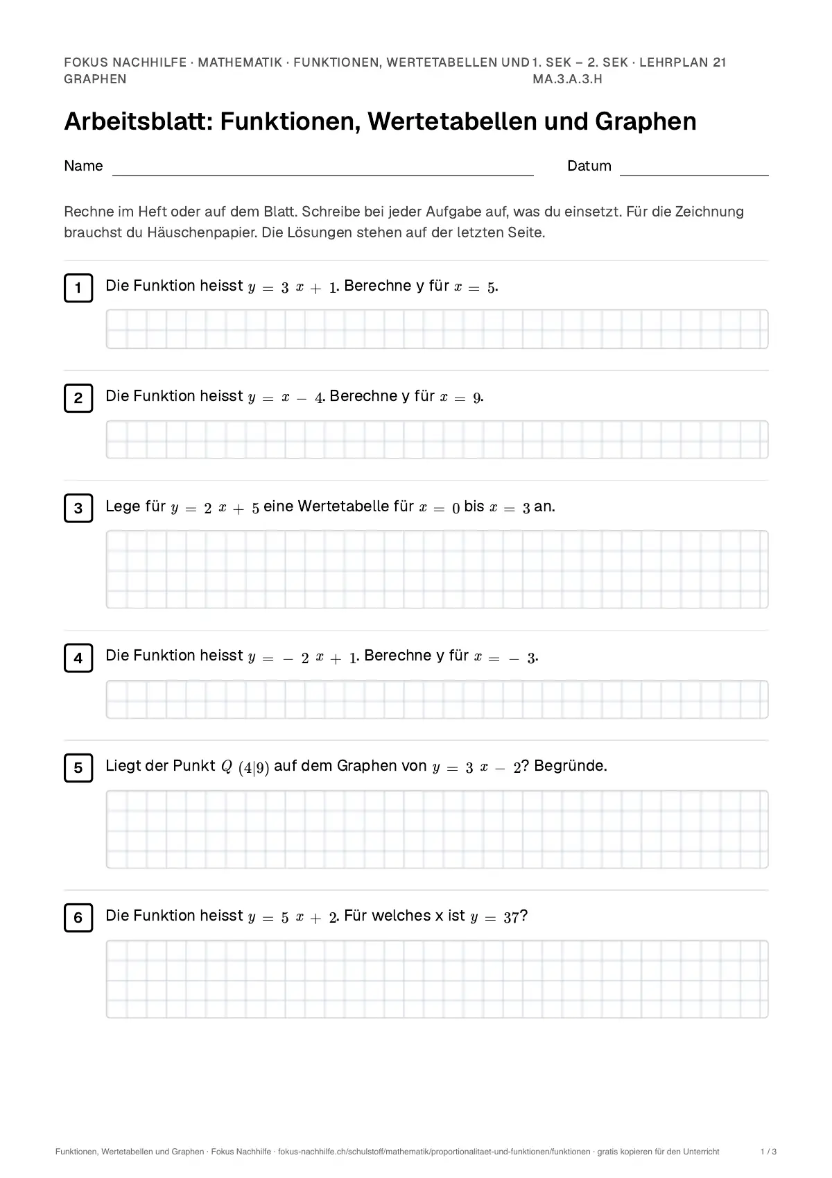 Arbeitsblatt Funktionen, Wertetabellen und Graphen zum Ausfüllen mit Name und Datum: erste Seite, mit Lösungsblatt