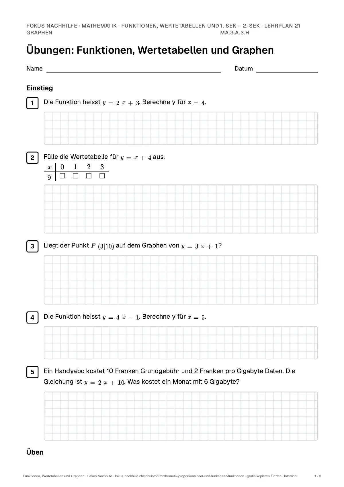 Übungsblatt Funktionen, Wertetabellen und Graphen zum Ausdrucken: erste Seite der Übungen, Lösungen auf eigenem Blatt
