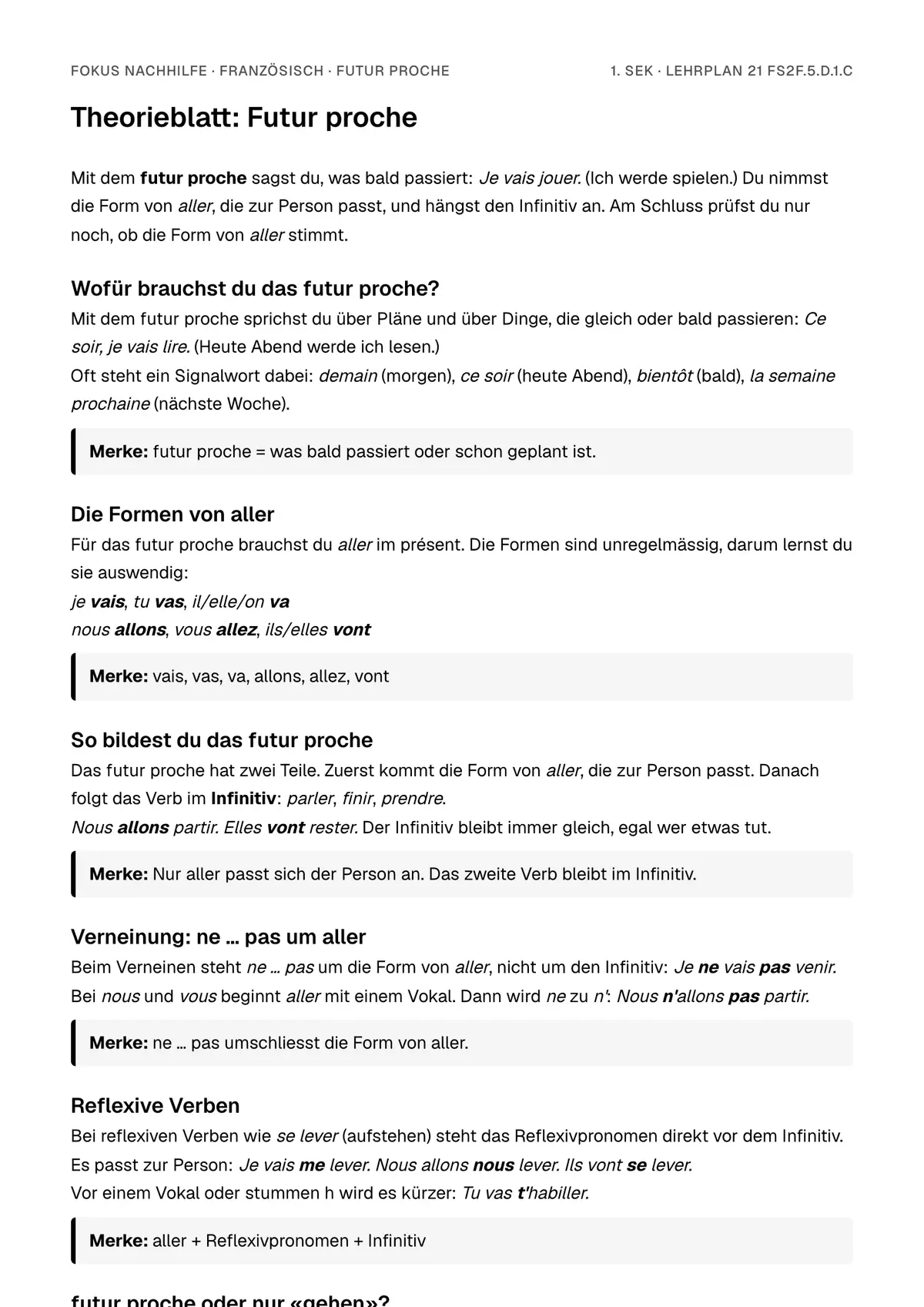 Theorieblatt Futur proche zum Ausdrucken: erste Seite der Erklärung