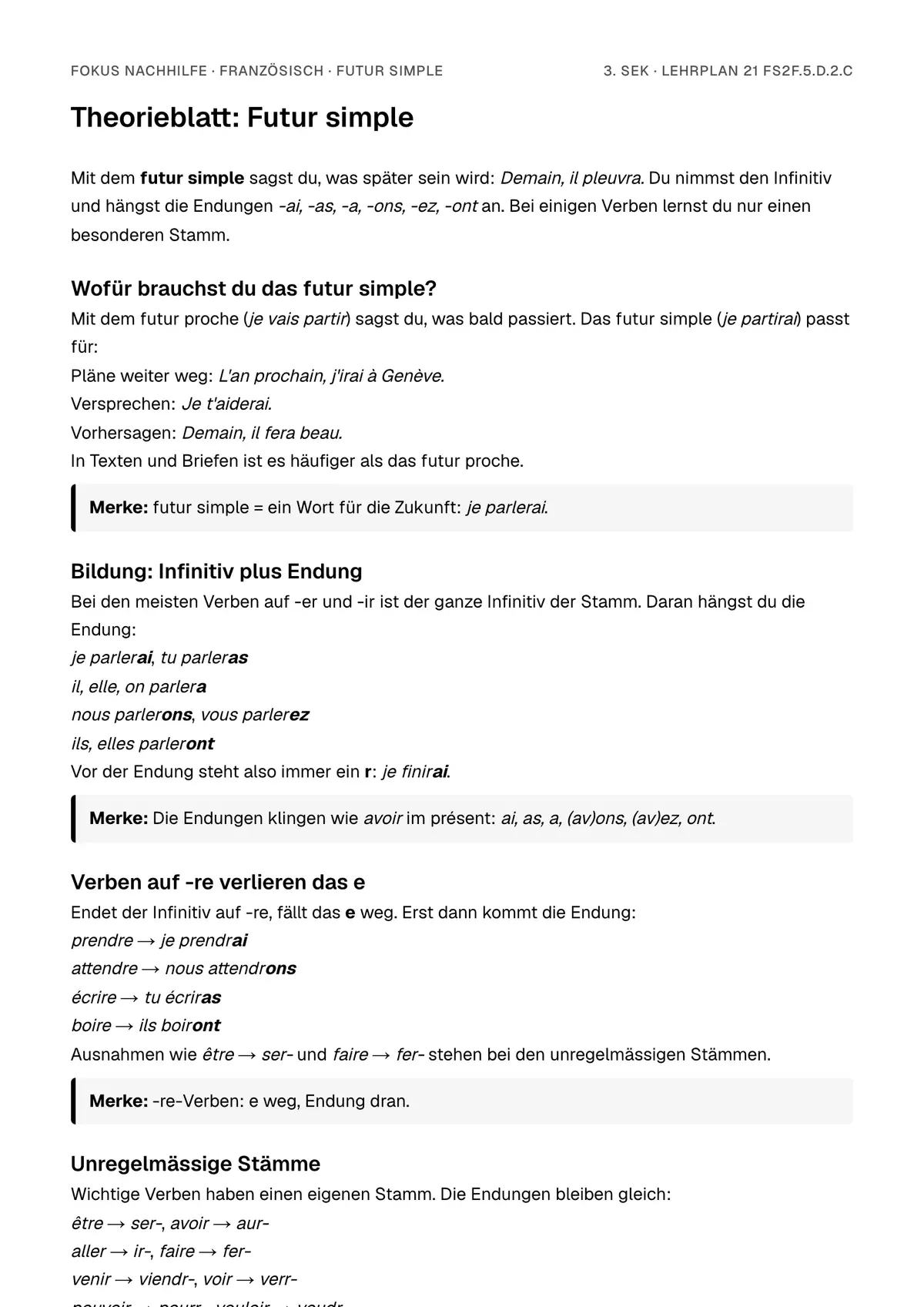 Theorieblatt Futur simple zum Ausdrucken: erste Seite der Erklärung