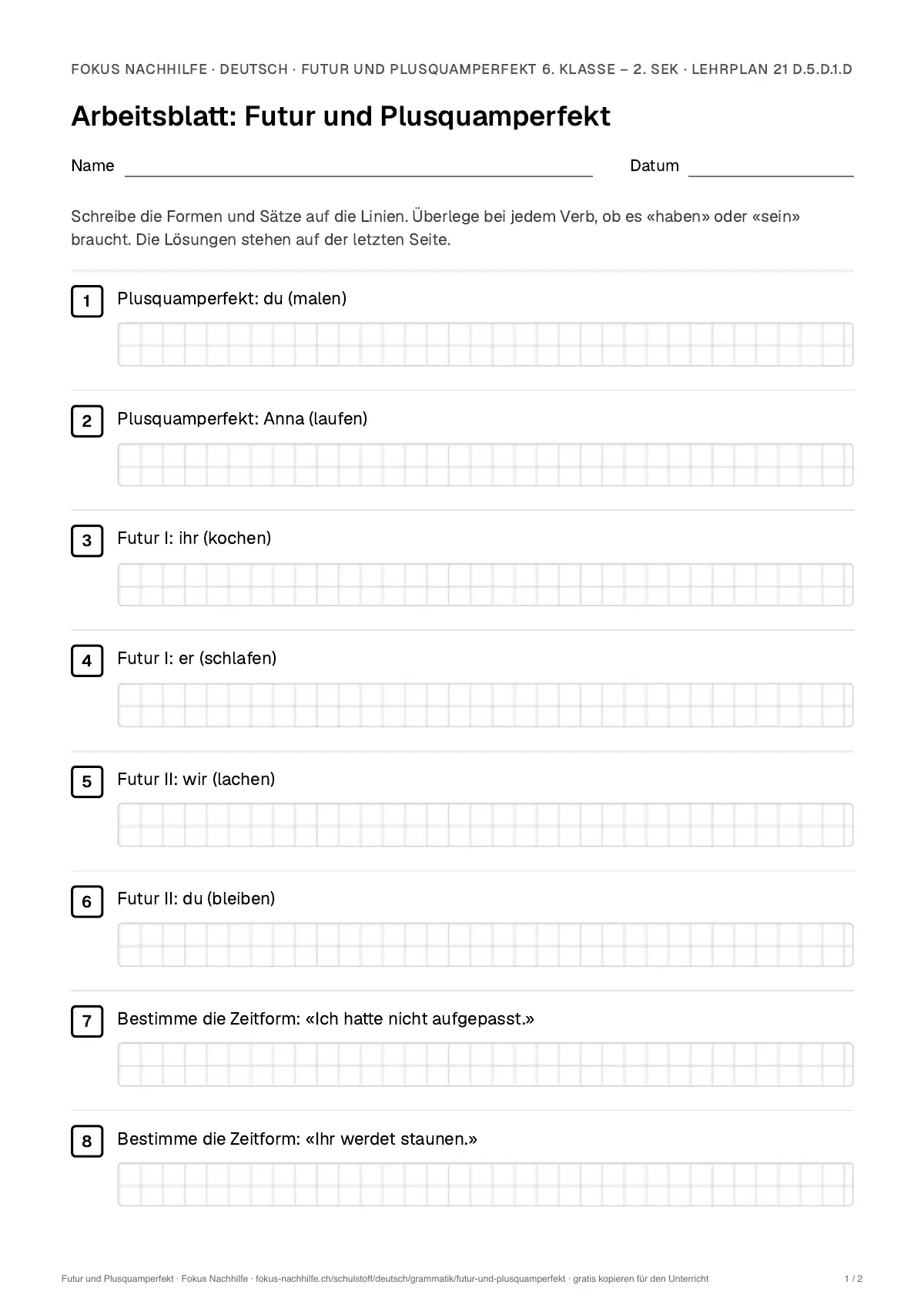 Arbeitsblatt Futur und Plusquamperfekt zum Ausfüllen mit Name und Datum: erste Seite, mit Lösungsblatt