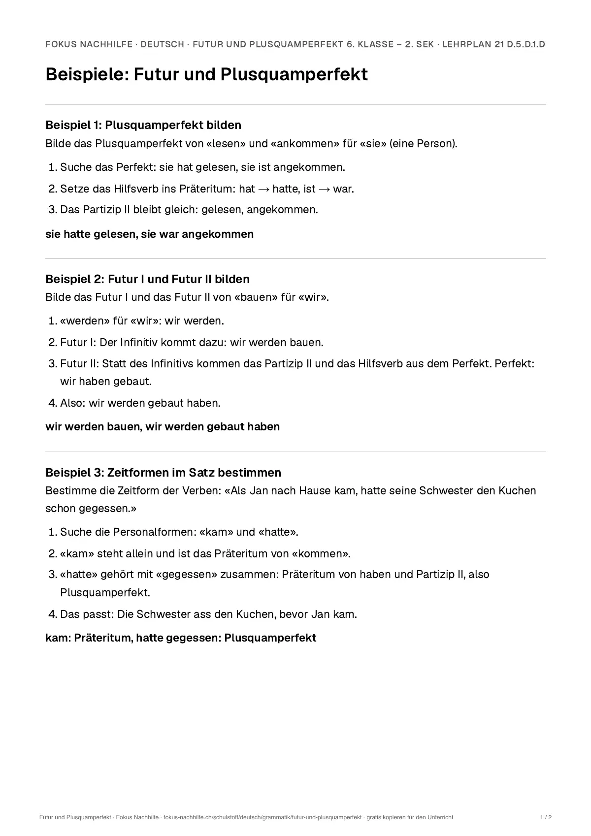 Beispiele Futur und Plusquamperfekt zum Ausdrucken: erste Seite, Aufgaben Schritt für Schritt gelöst