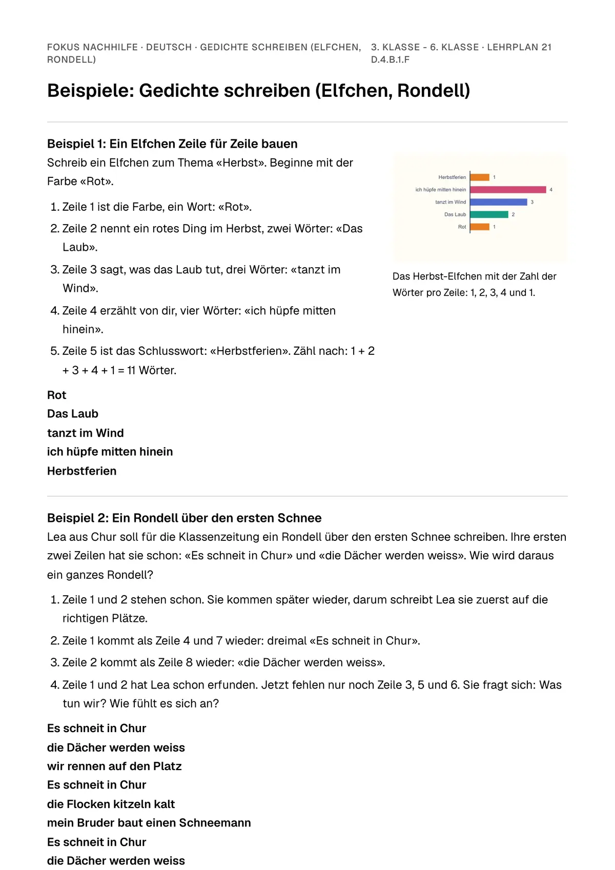 Beispiele Gedichte schreiben (Elfchen, Rondell) zum Ausdrucken: erste Seite, Aufgaben Schritt für Schritt gelöst