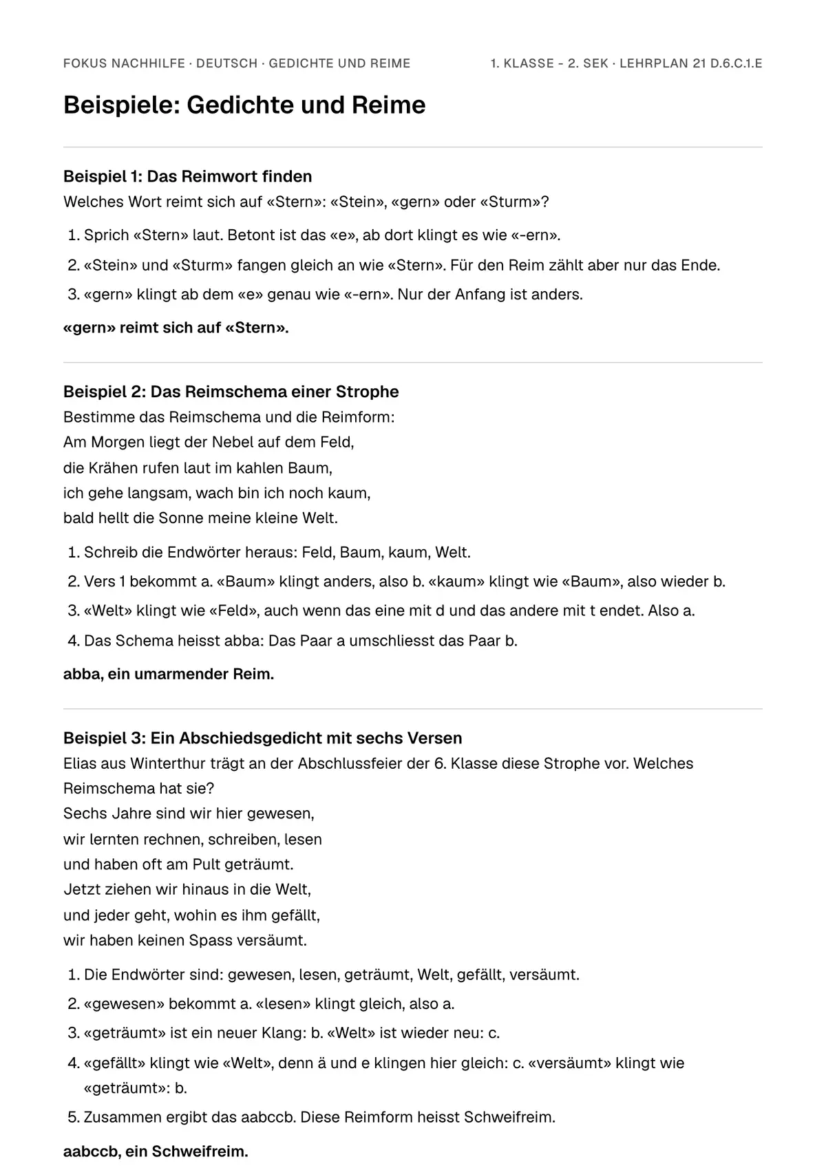 Beispiele Gedichte und Reime zum Ausdrucken: erste Seite, Aufgaben Schritt für Schritt gelöst
