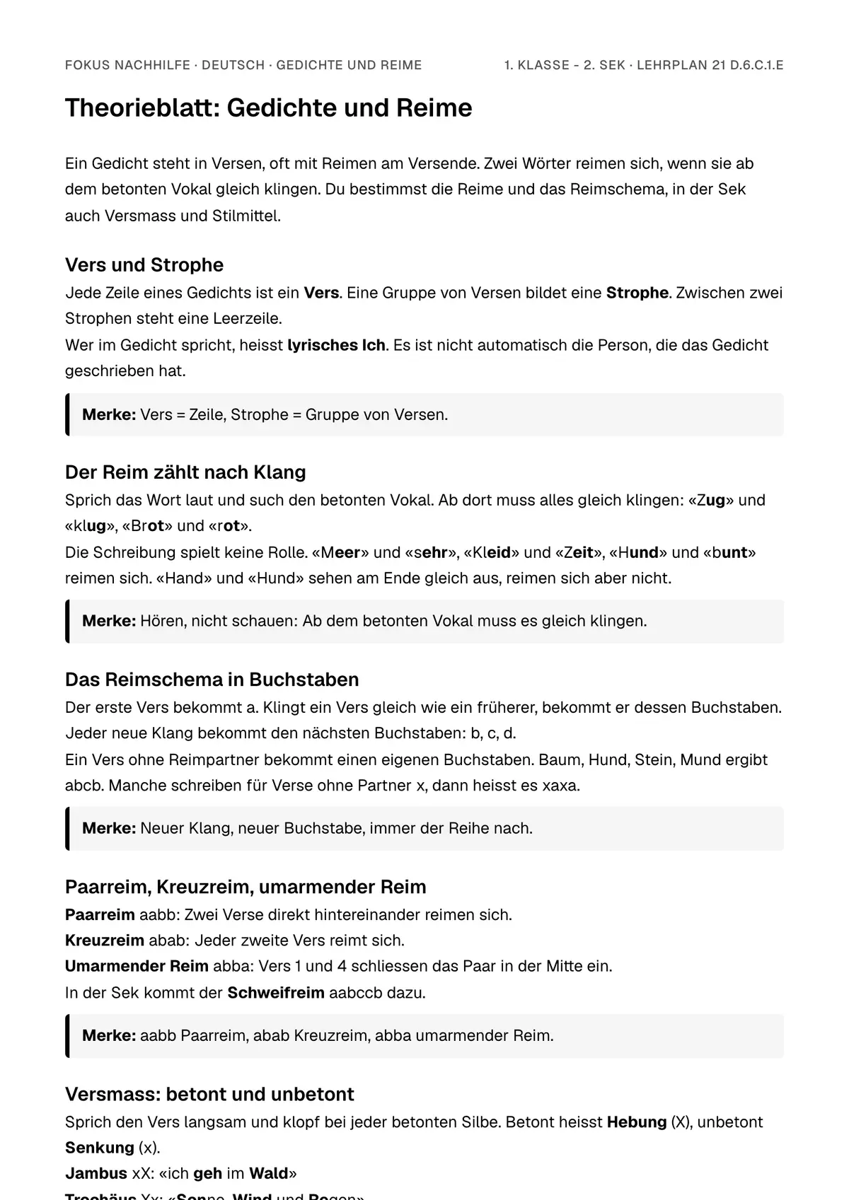 Theorieblatt Gedichte und Reime zum Ausdrucken: erste Seite der Erklärung