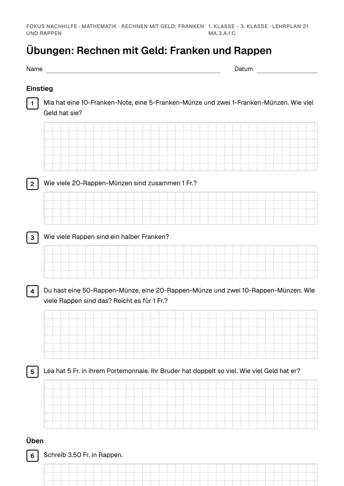 Übungsblatt Rechnen mit Geld: Franken und Rappen zum Ausdrucken: erste Seite der Übungen, Lösungen auf eigenem Blatt