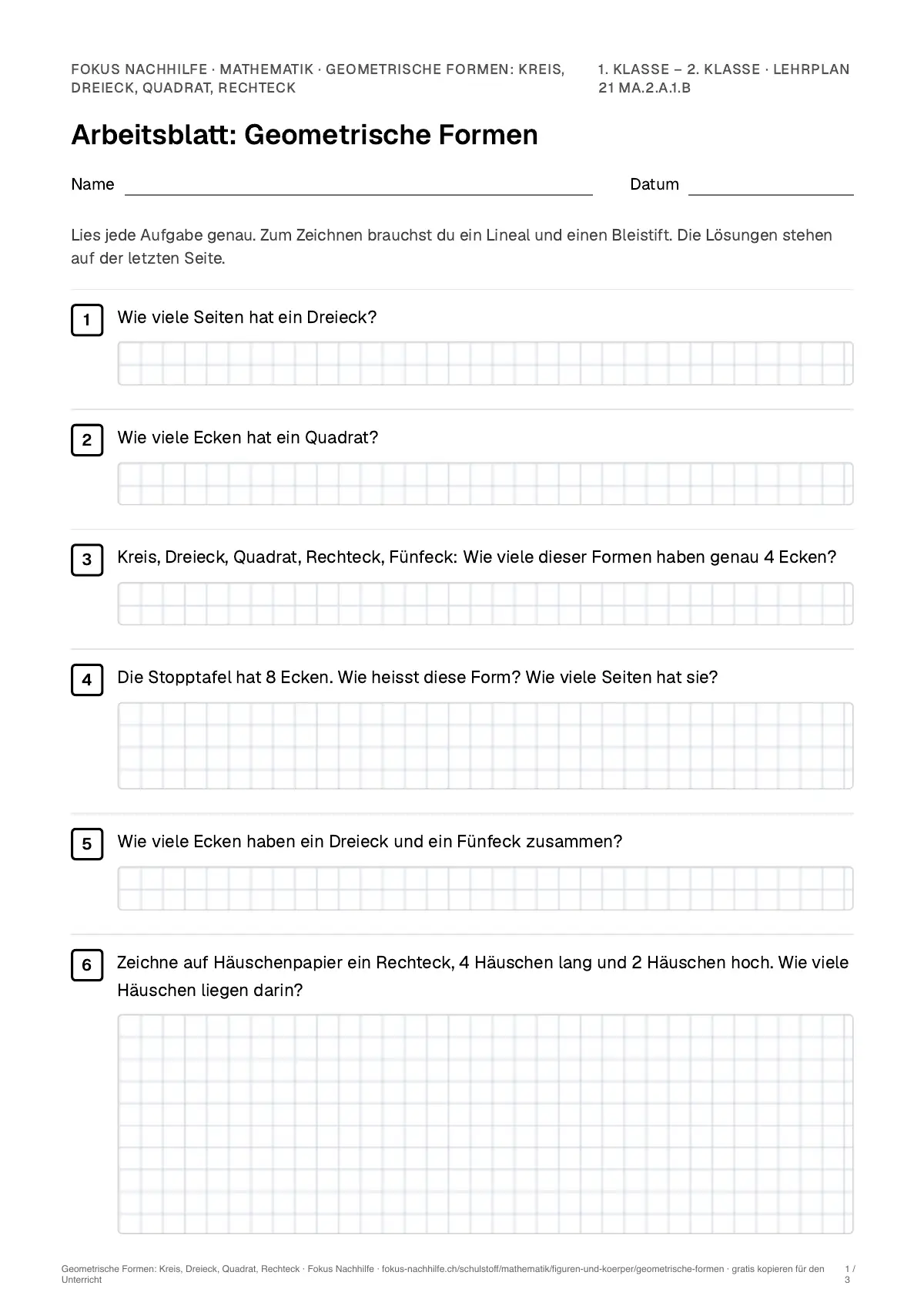 Arbeitsblatt Geometrische Formen: Kreis, Dreieck, Quadrat, Rechteck zum Ausfüllen mit Name und Datum: erste Seite, mit Lösungsblatt