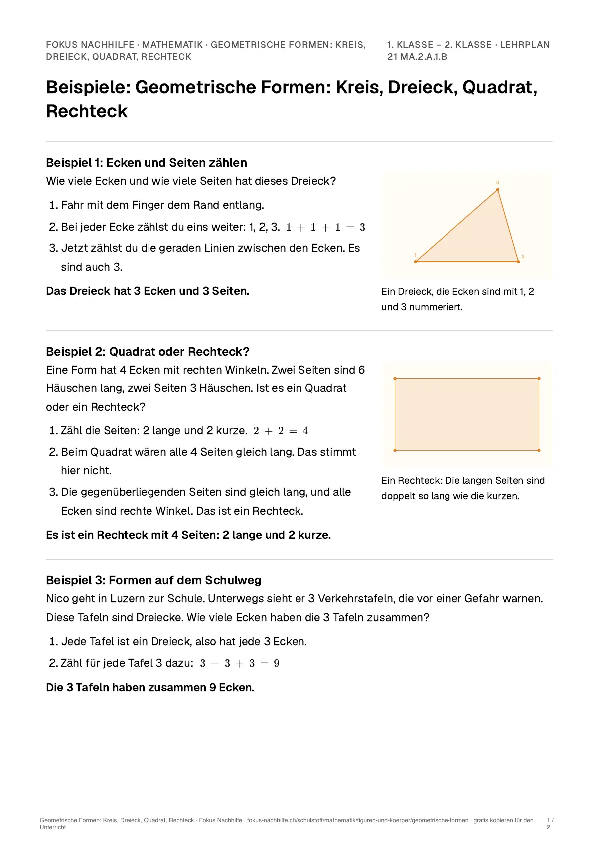 Beispiele Geometrische Formen: Kreis, Dreieck, Quadrat, Rechteck zum Ausdrucken: erste Seite, Aufgaben Schritt für Schritt gelöst