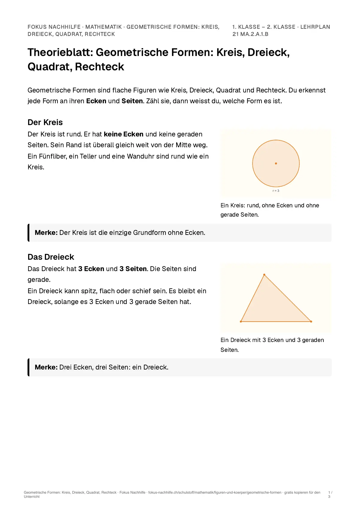 Theorieblatt Geometrische Formen: Kreis, Dreieck, Quadrat, Rechteck zum Ausdrucken: erste Seite der Erklärung