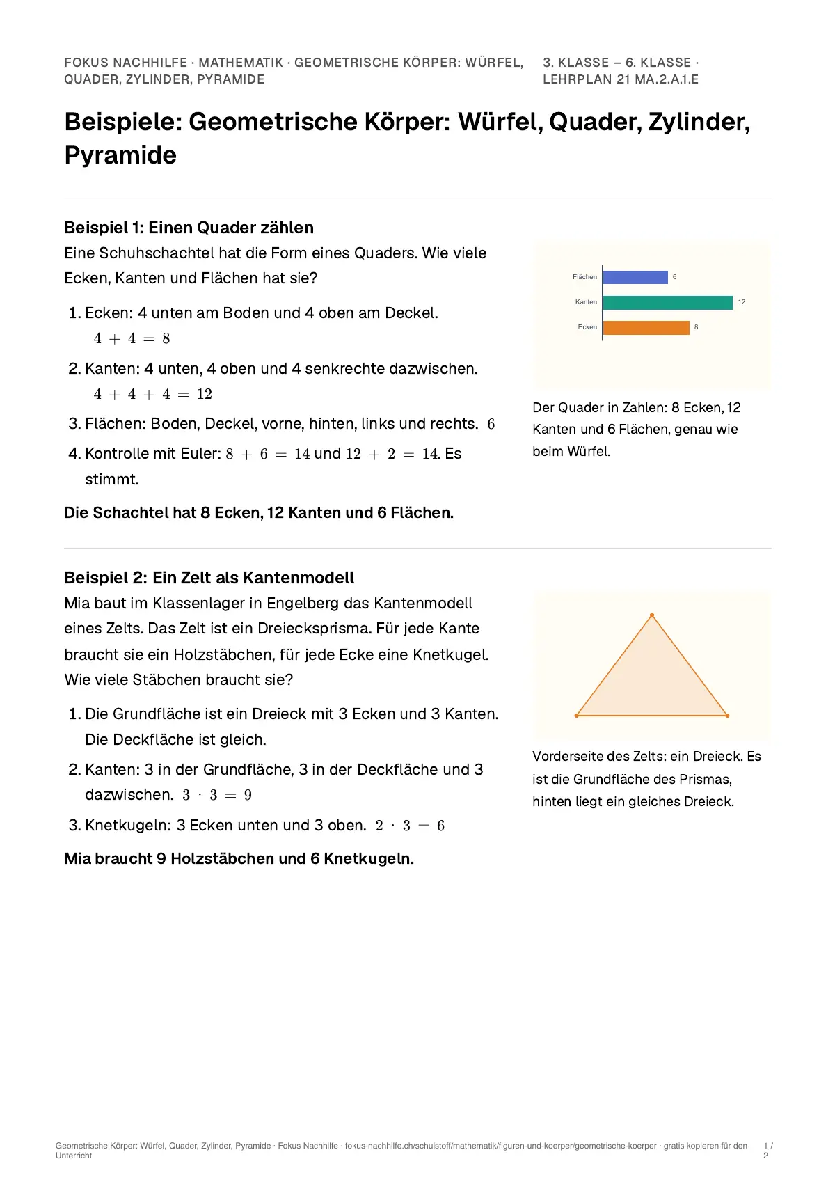 Beispiele Geometrische Körper: Würfel, Quader, Zylinder, Pyramide zum Ausdrucken: erste Seite, Aufgaben Schritt für Schritt gelöst