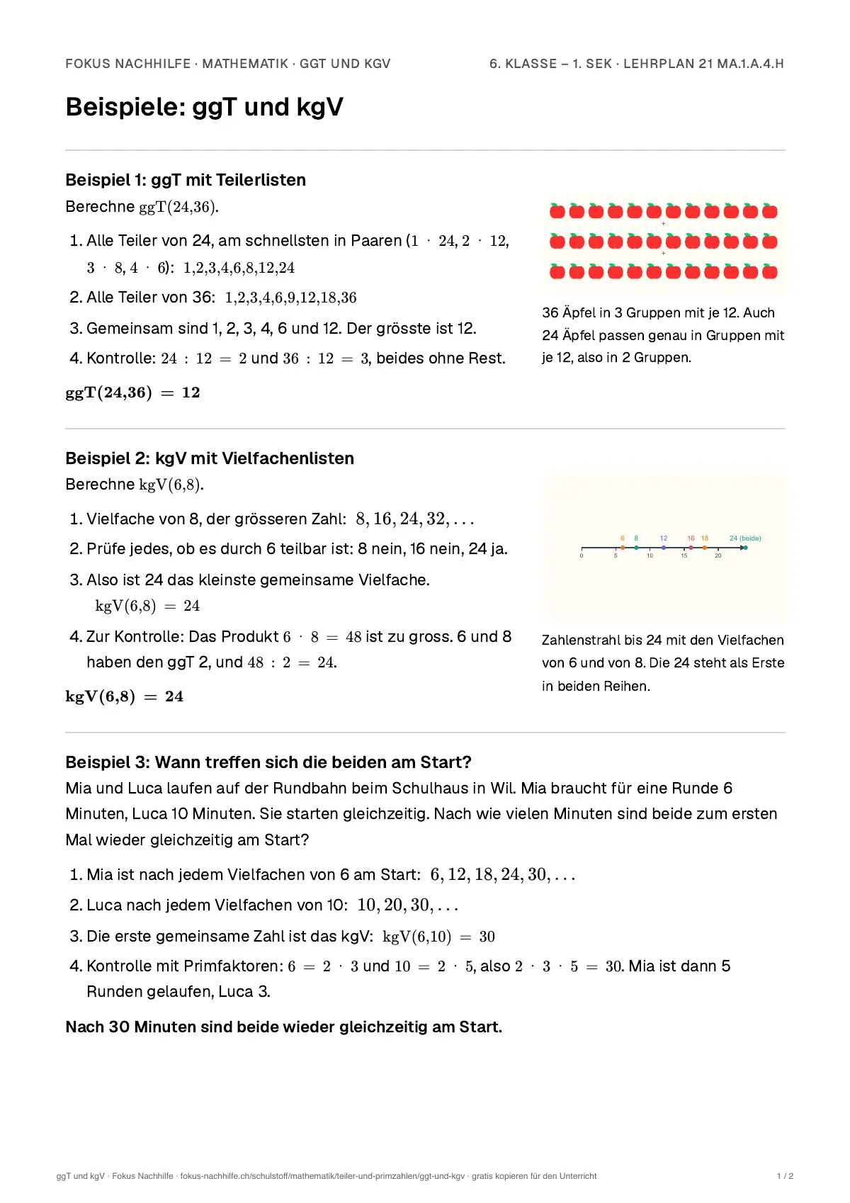 Beispiele ggT und kgV zum Ausdrucken: erste Seite, Aufgaben Schritt für Schritt gelöst