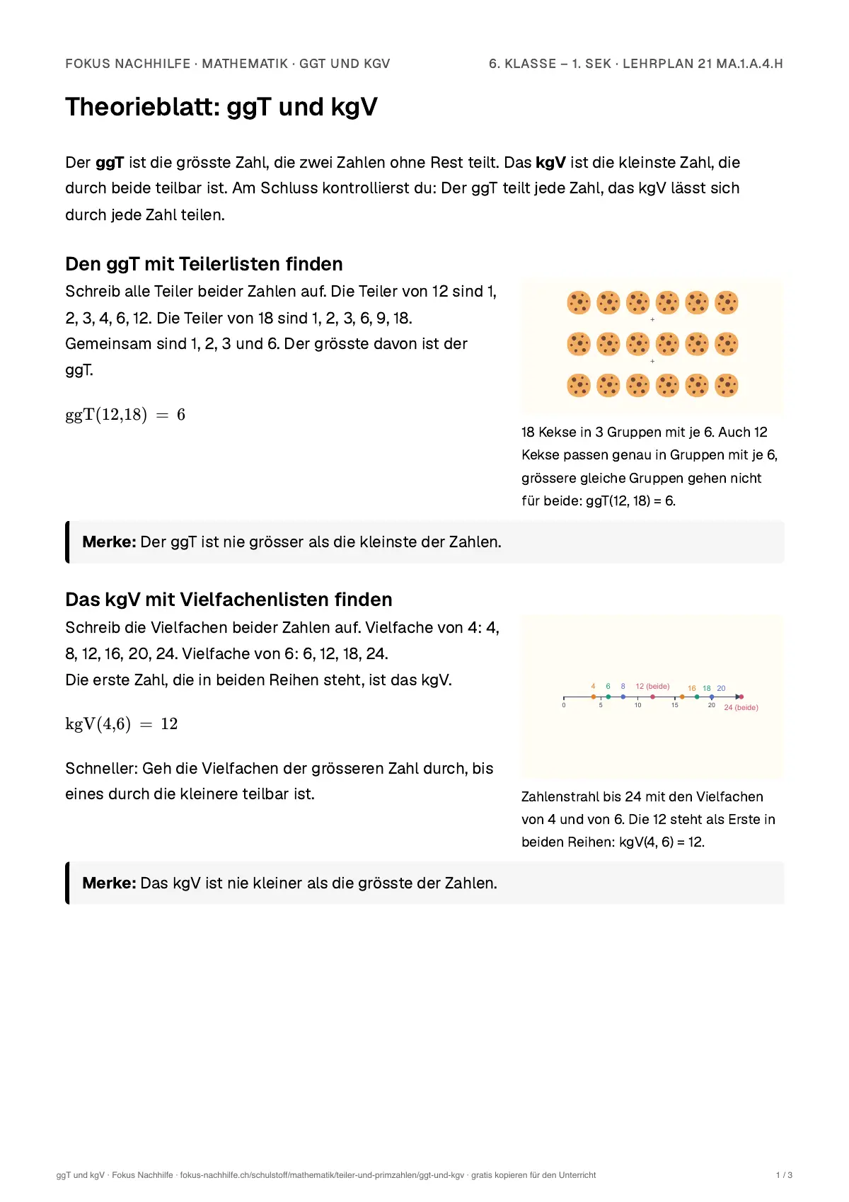 Theorieblatt ggT und kgV zum Ausdrucken: erste Seite der Erklärung