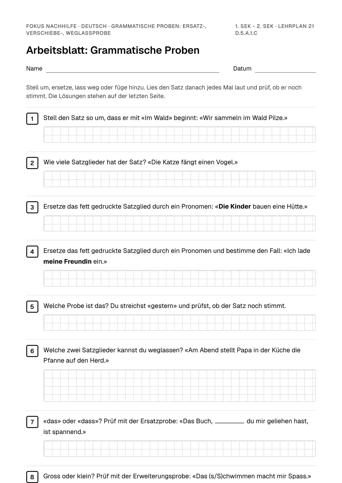 Arbeitsblatt Grammatische Proben: Ersatz-, Verschiebe-, Weglassprobe zum Ausfüllen mit Name und Datum: erste Seite, mit Lösungsblatt