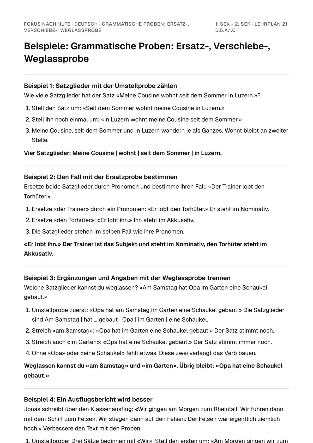 Beispiele Grammatische Proben: Ersatz-, Verschiebe-, Weglassprobe zum Ausdrucken: erste Seite, Aufgaben Schritt für Schritt gelöst