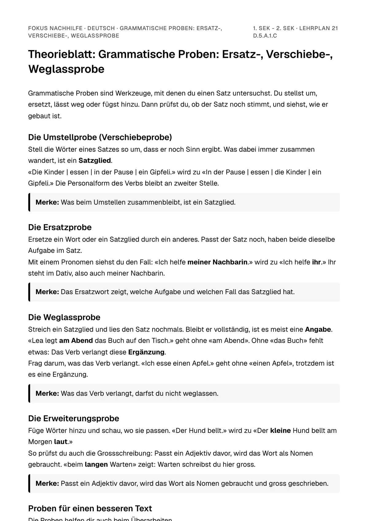 Theorieblatt Grammatische Proben: Ersatz-, Verschiebe-, Weglassprobe zum Ausdrucken: erste Seite der Erklärung