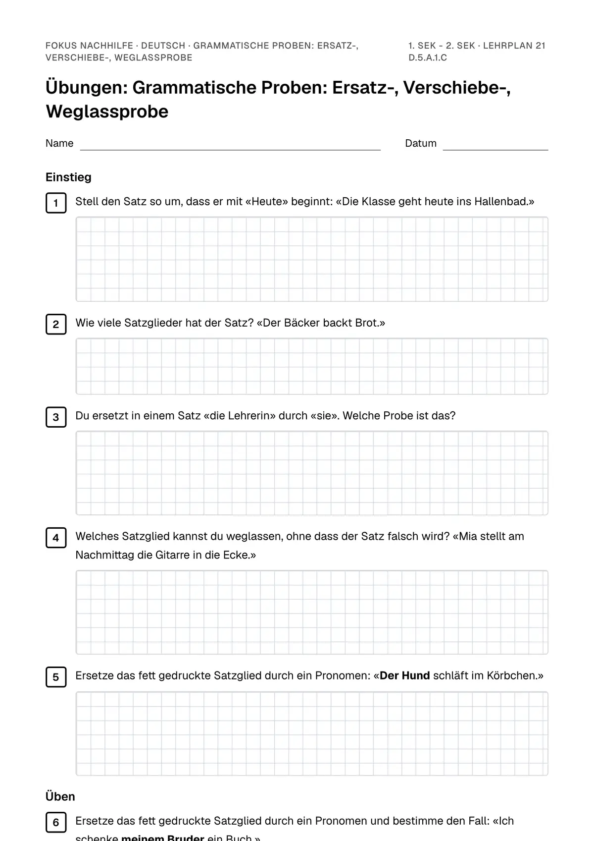 Übungsblatt Grammatische Proben: Ersatz-, Verschiebe-, Weglassprobe zum Ausdrucken: erste Seite der Übungen, Lösungen auf eigenem Blatt