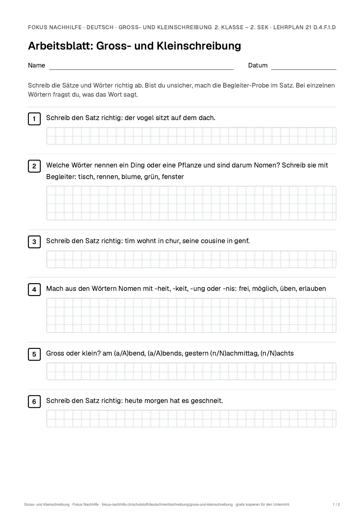 Arbeitsblatt Gross- und Kleinschreibung zum Ausfüllen mit Name und Datum: erste Seite, mit Lösungsblatt